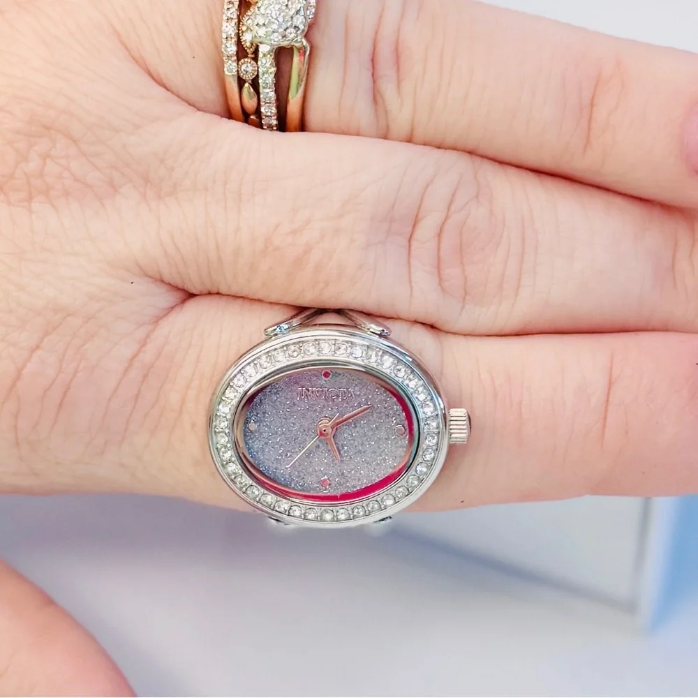 Invicta Mini Crystal Ring Watch Blue Glitter Dial Silver Tone